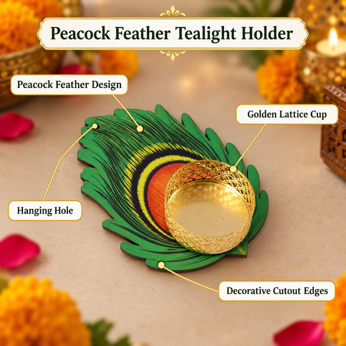 Peacock Feather Design Tealight Candle Holder for Diwali and Festive Home Decor (1 Pc)