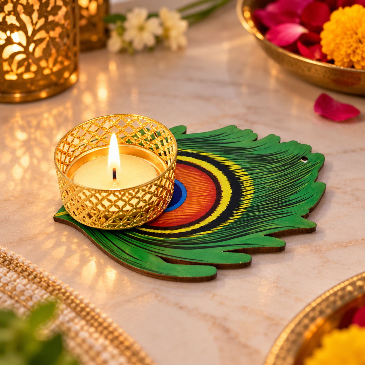 Peacock Feather Design Tealight Candle Holder for Diwali and Festive Home Decor (1 Pc)