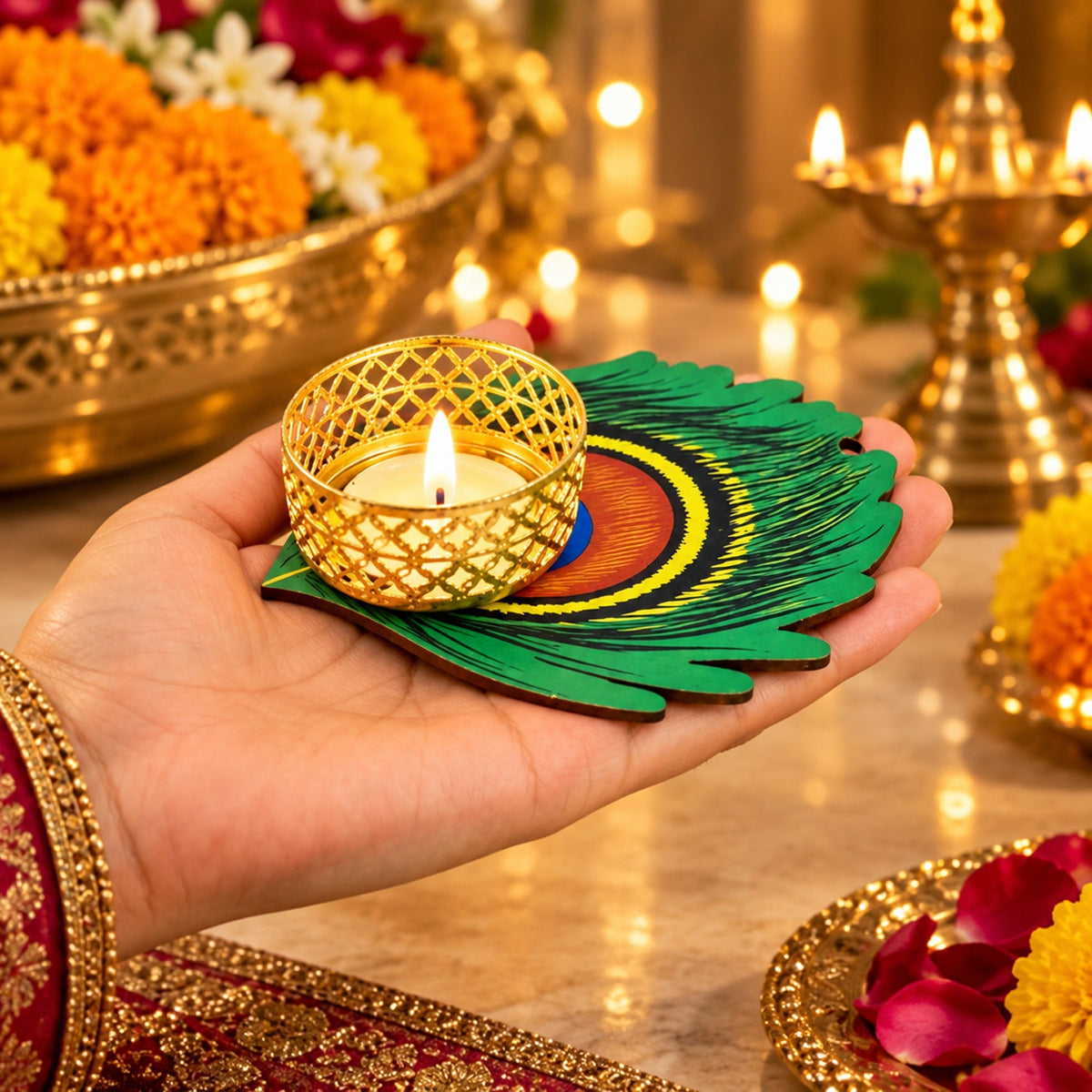 Peacock Feather Design Tealight Candle Holder for Diwali and Festive Home Decor (1 Pc)