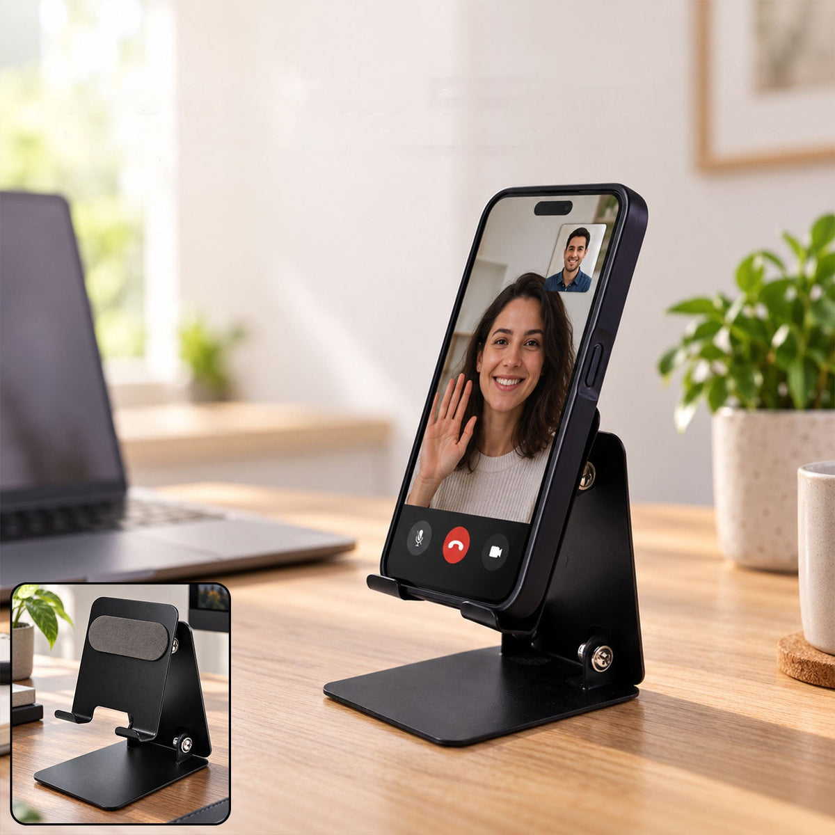 Side view of the metal phone stand supporting a smartphone