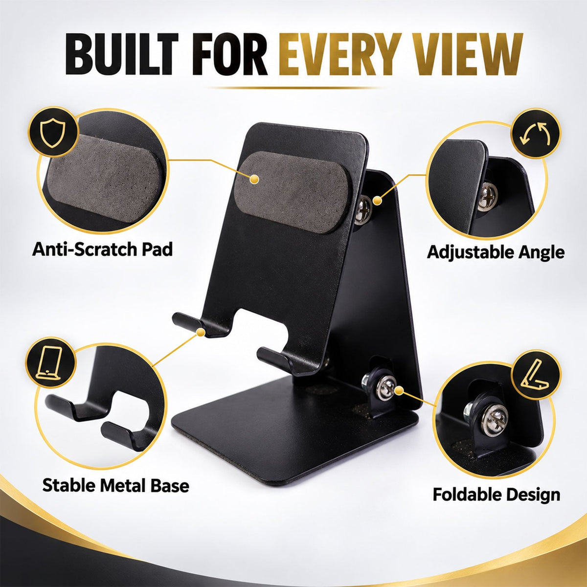 Silver foldable mobile phone stand holding a smartphone on a desk