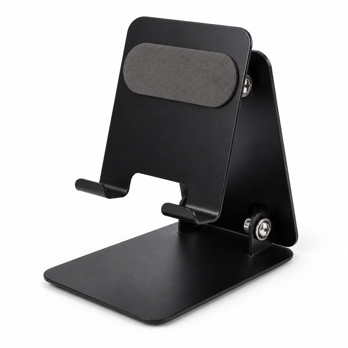 Front view of the silver foldable phone stand without a phone