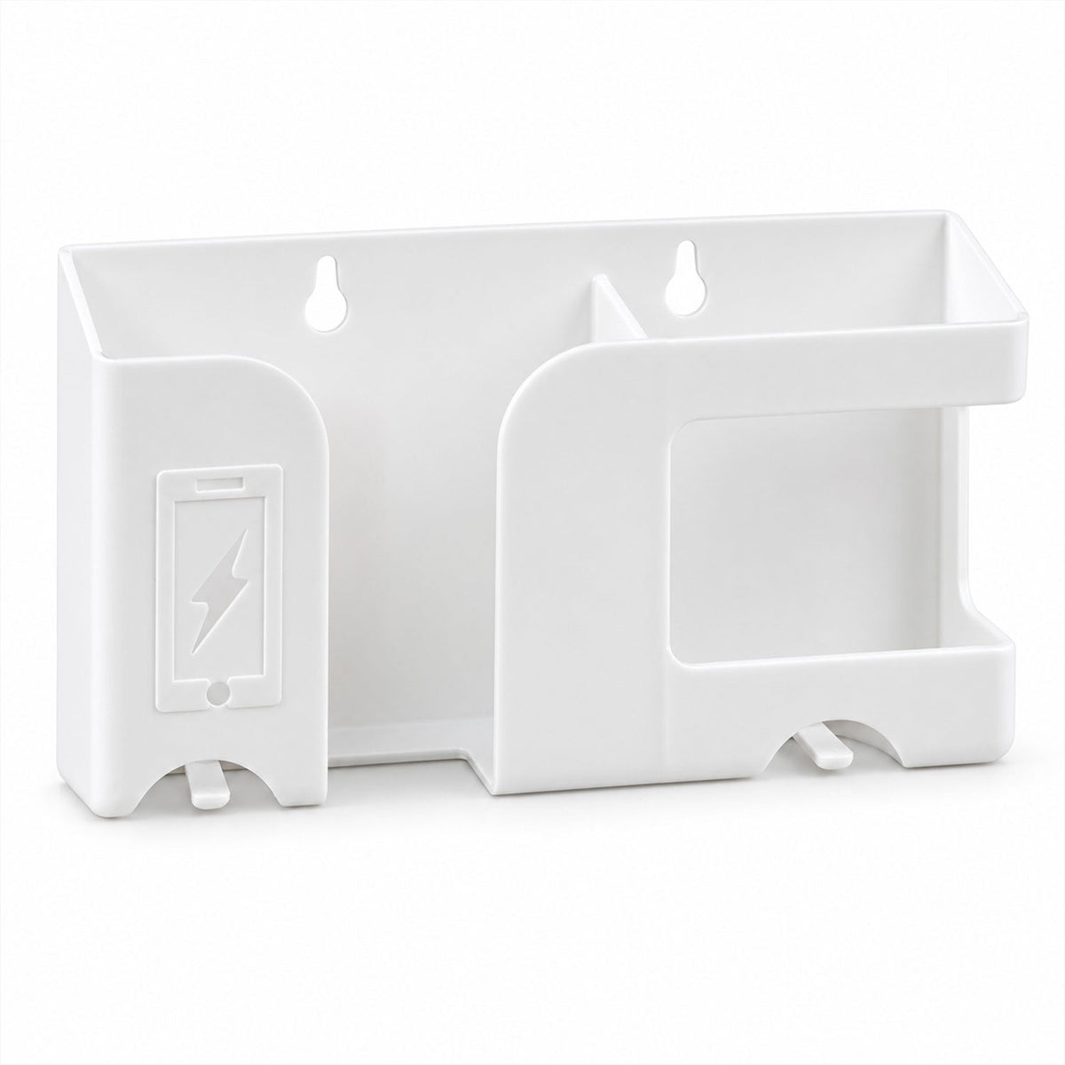 Front-facing view of the empty white wall-mounted organizer with a charging icon detail and keyhole mounts visible.