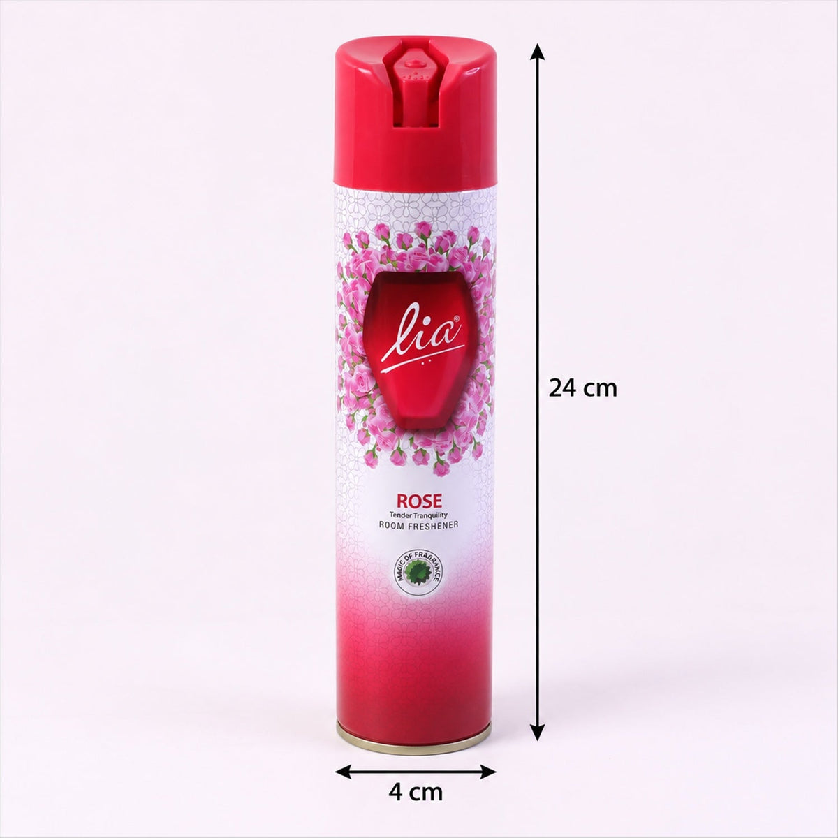 Red and white room freshener can with pink rose graphics, displaying dimensions of 24 cm height and 4 cm width.