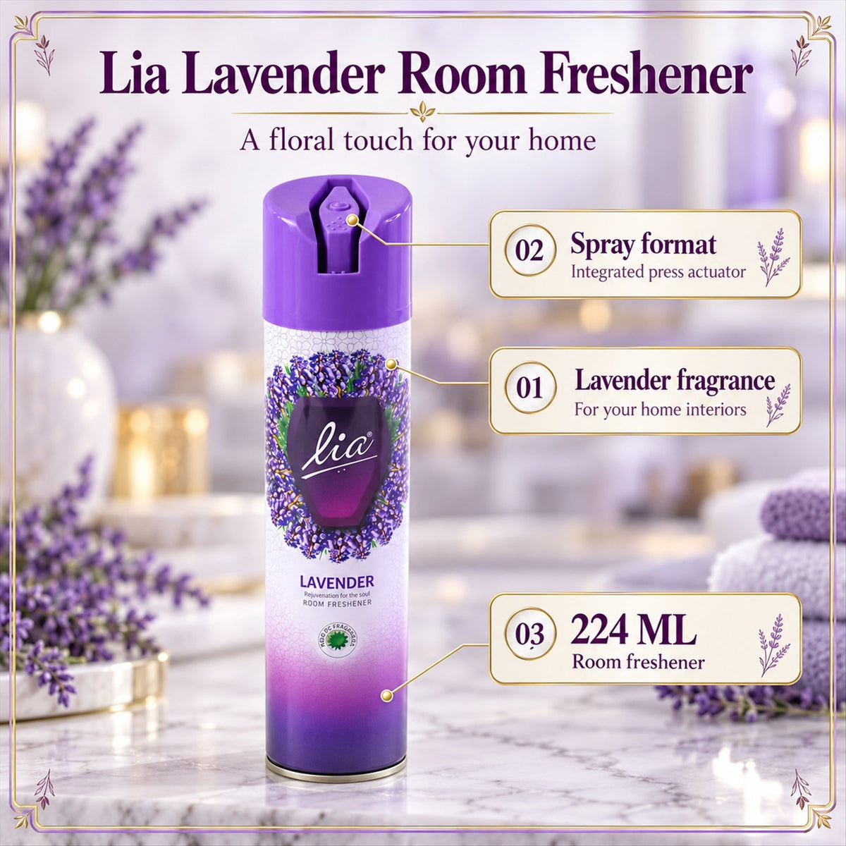 A purple and white lavender room freshener spray can with descriptive labels about its features and volume.