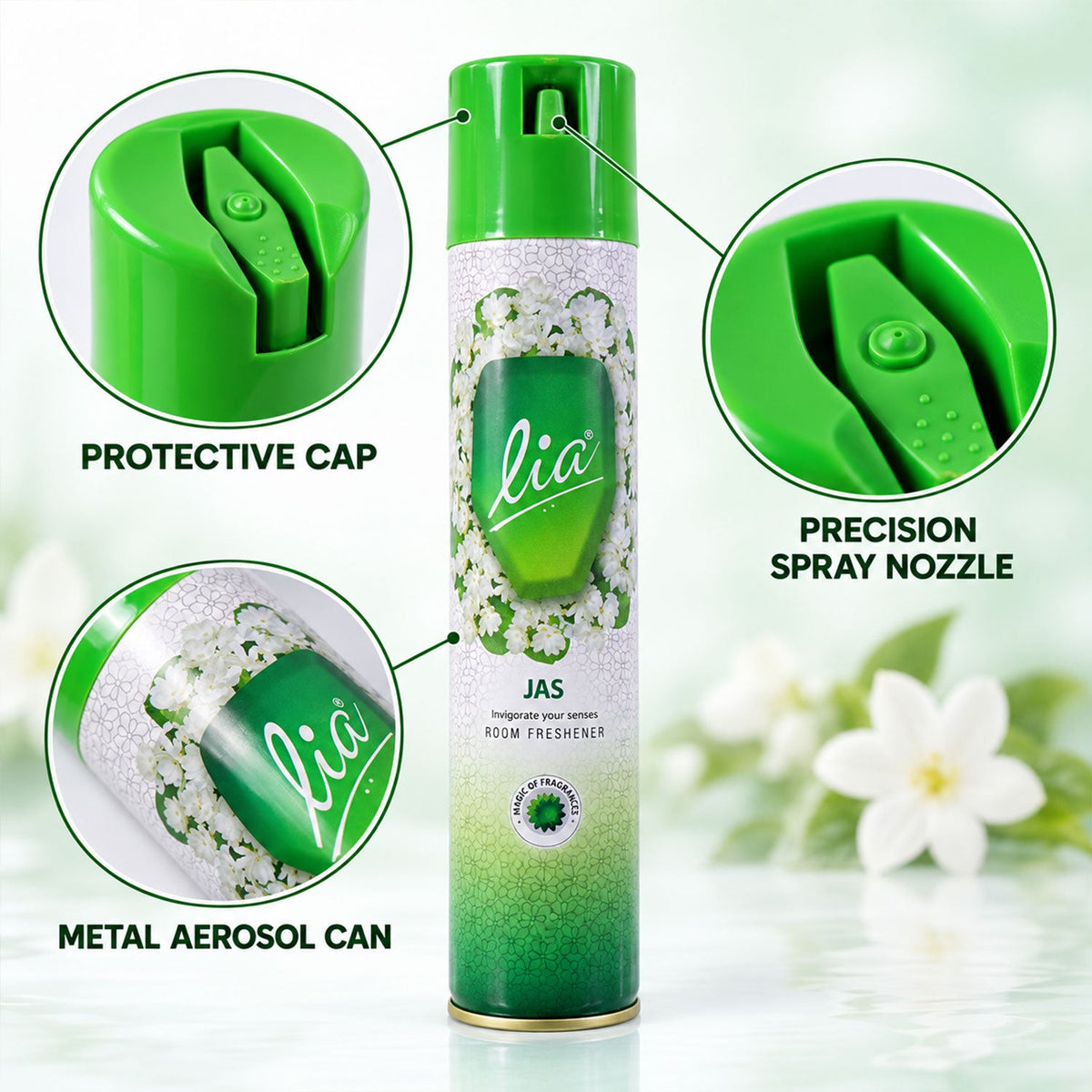 Lia Jas room freshener can with magnified views of its protective cap, precision spray nozzle, and metal construction.