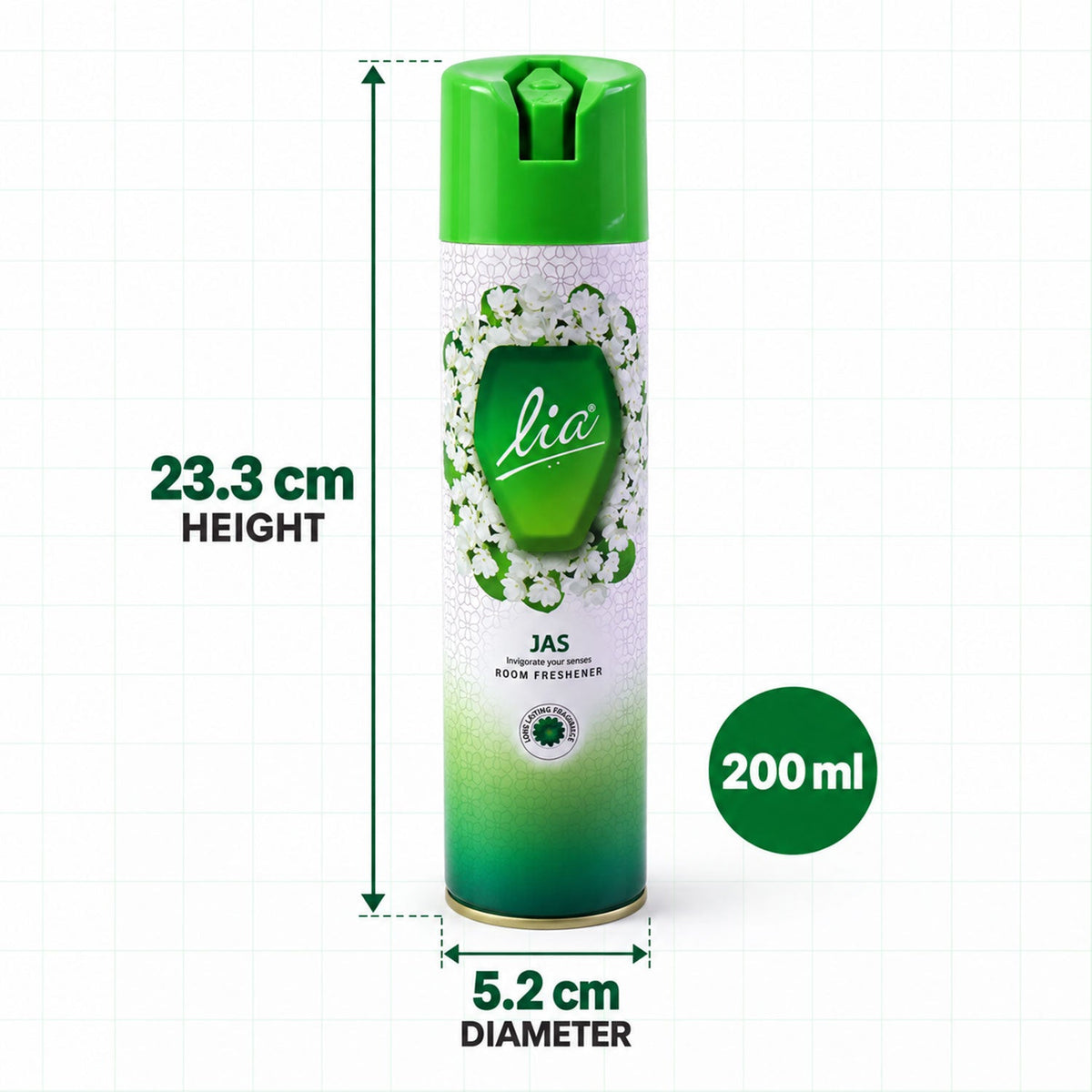 Lia Jas room freshener can with height and diameter measurements, showing 23.3 cm tall and 5.2 cm wide.