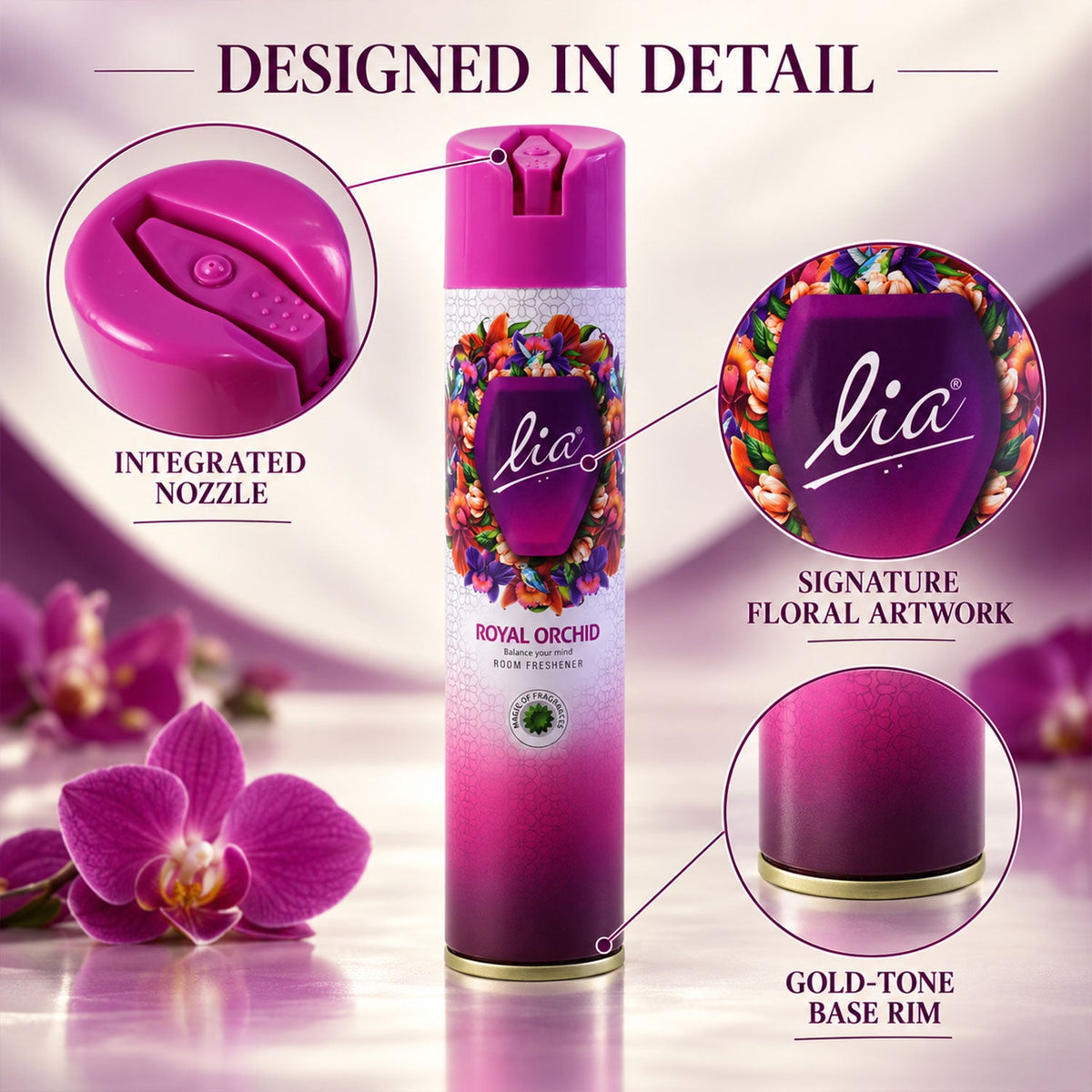 The purple and pink aerosol can is shown with detailed callouts for its integrated nozzle, floral artwork, and gold-tone
