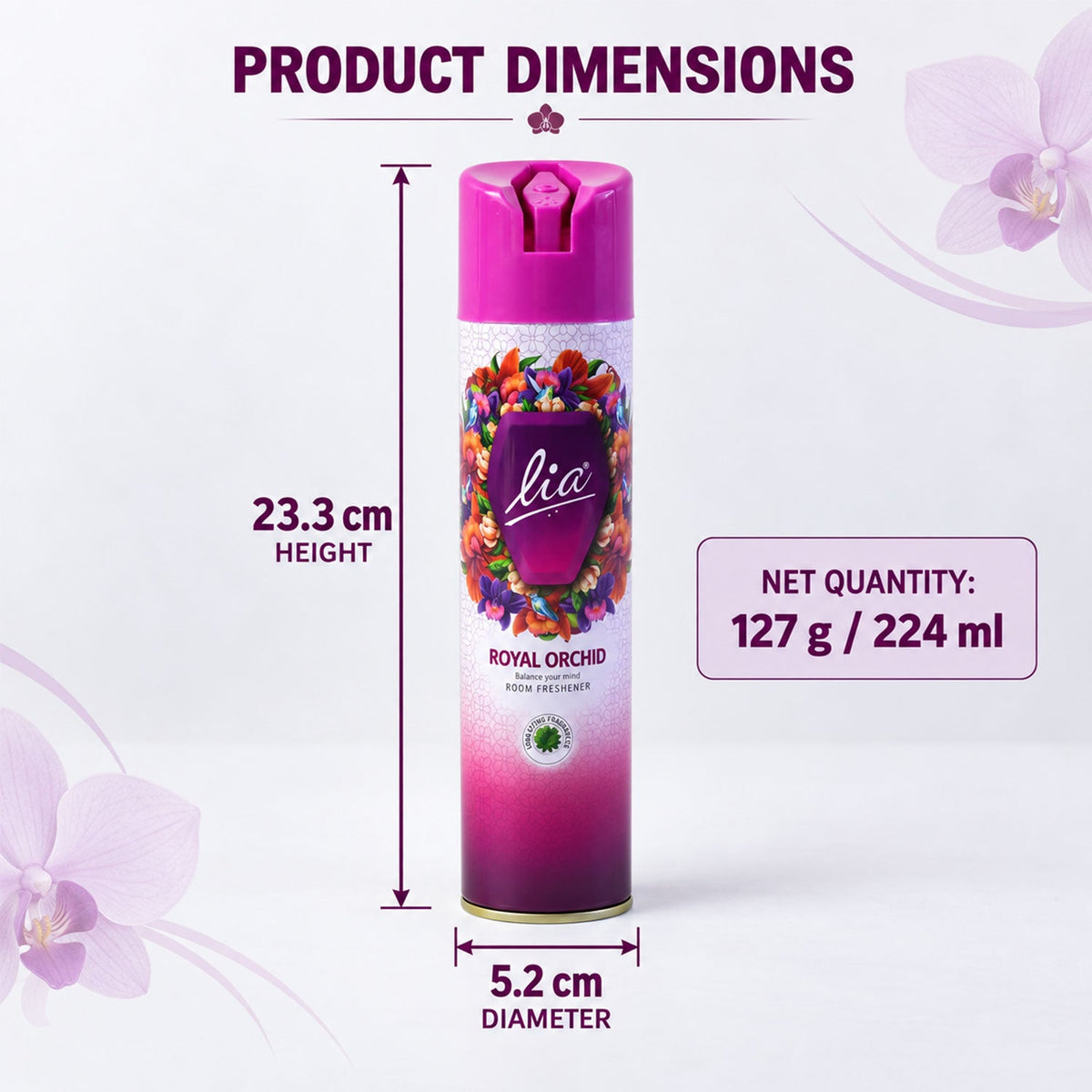The purple and pink aerosol can is shown with its height and diameter dimensions, along with net quantity details.