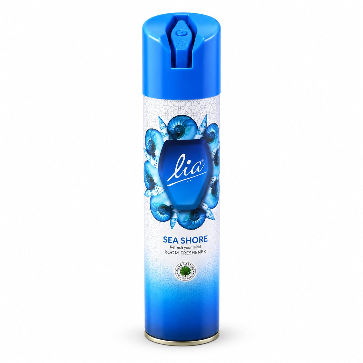 A blue and white aerosol spray can with a seashell design stands upright on a plain white background.