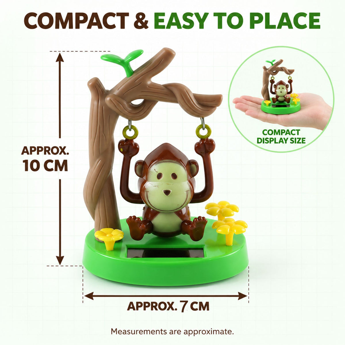 A diagram showing the approximate dimensions of the solar monkey decoration, which is about 10 cm tall and 7 cm wide.