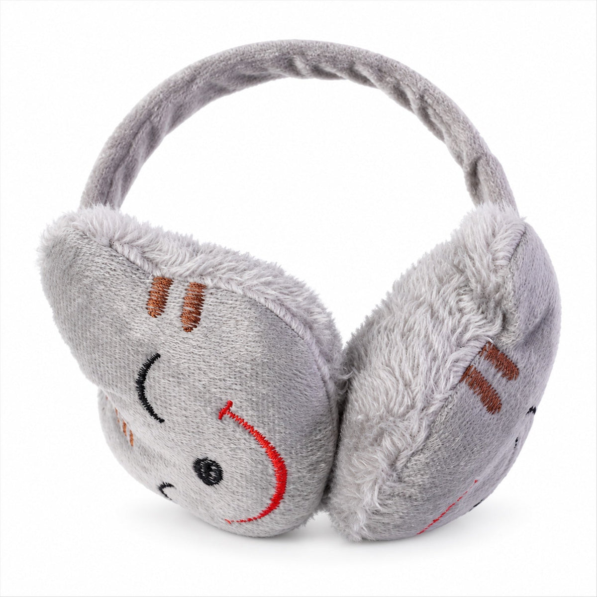 A pair of grey plush earmuffs with a red embroidered smiley face on a plain white background.