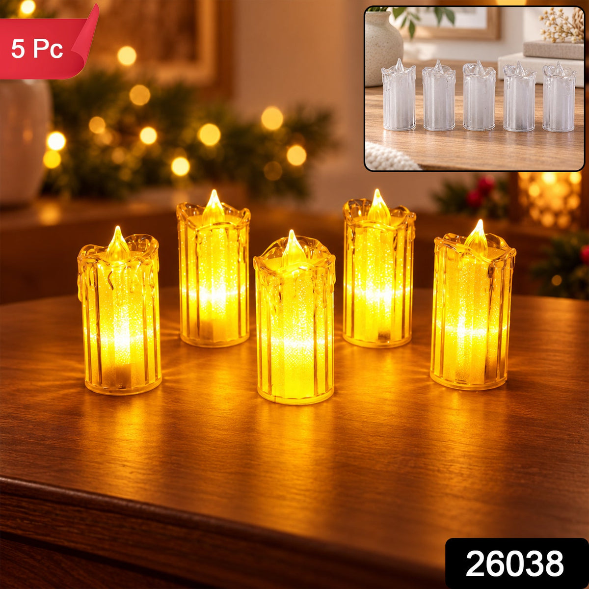 Pack of five flameless LED candles in a clear plastic box