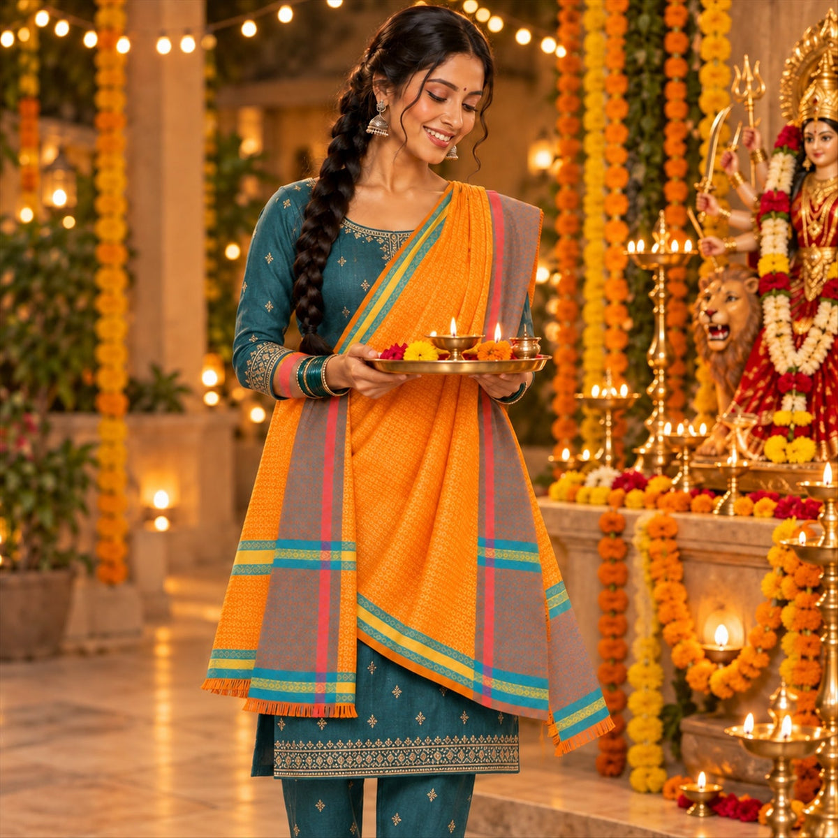 A woman in a teal outfit with an orange shawl draped over her shoulder, holding a tray with lit diyas.