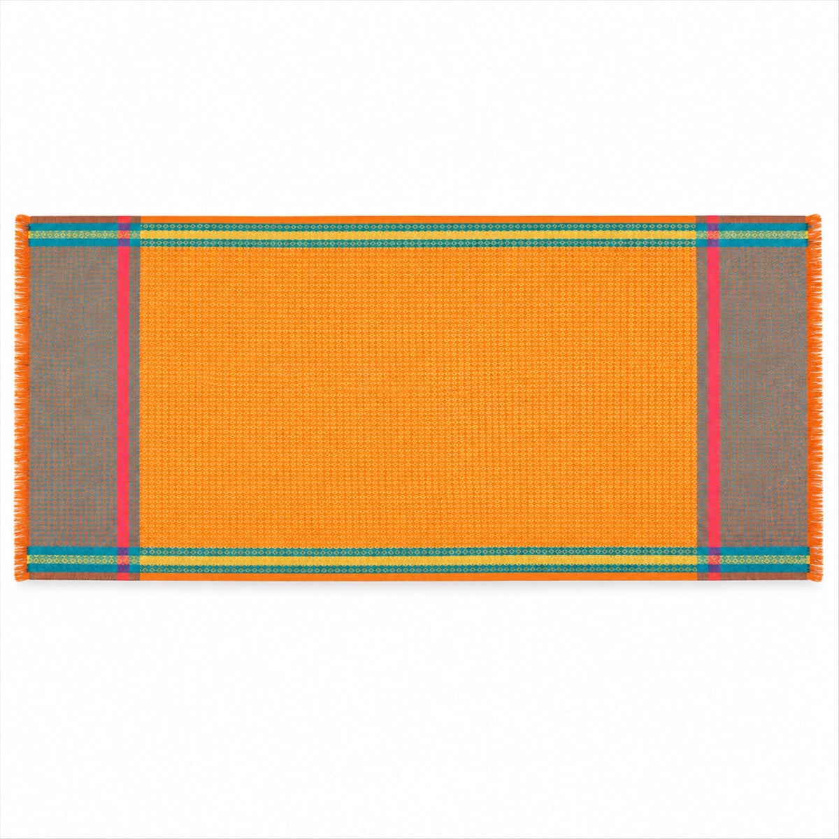 An orange shawl with teal, yellow, and pink striped borders and fringe on a white background.