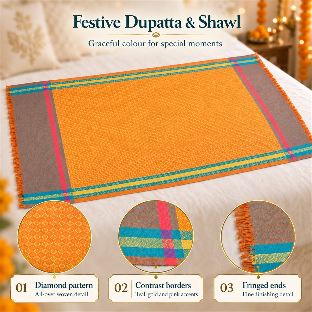 An orange shawl with teal, yellow, and pink striped borders lies flat on a white bed, showing texture and fringe.