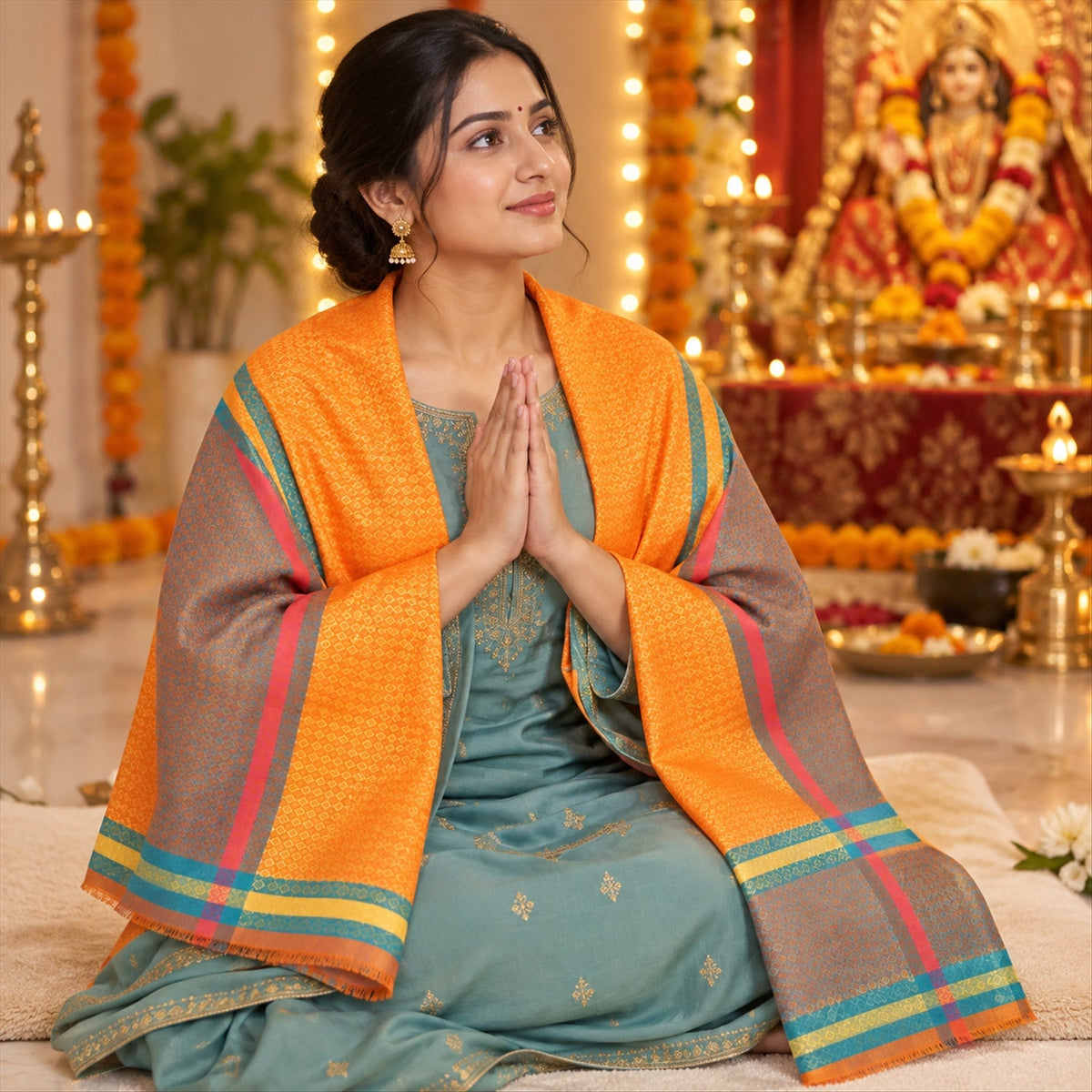 A woman in a teal outfit kneels, hands pressed together, wearing an orange shawl with striped borders.
