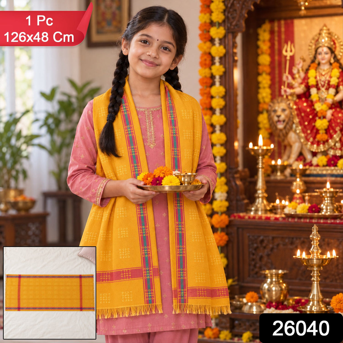 A young girl in a pink outfit wears a yellow dupatta with pink and teal striped borders, holding a tray of flowers – view 2