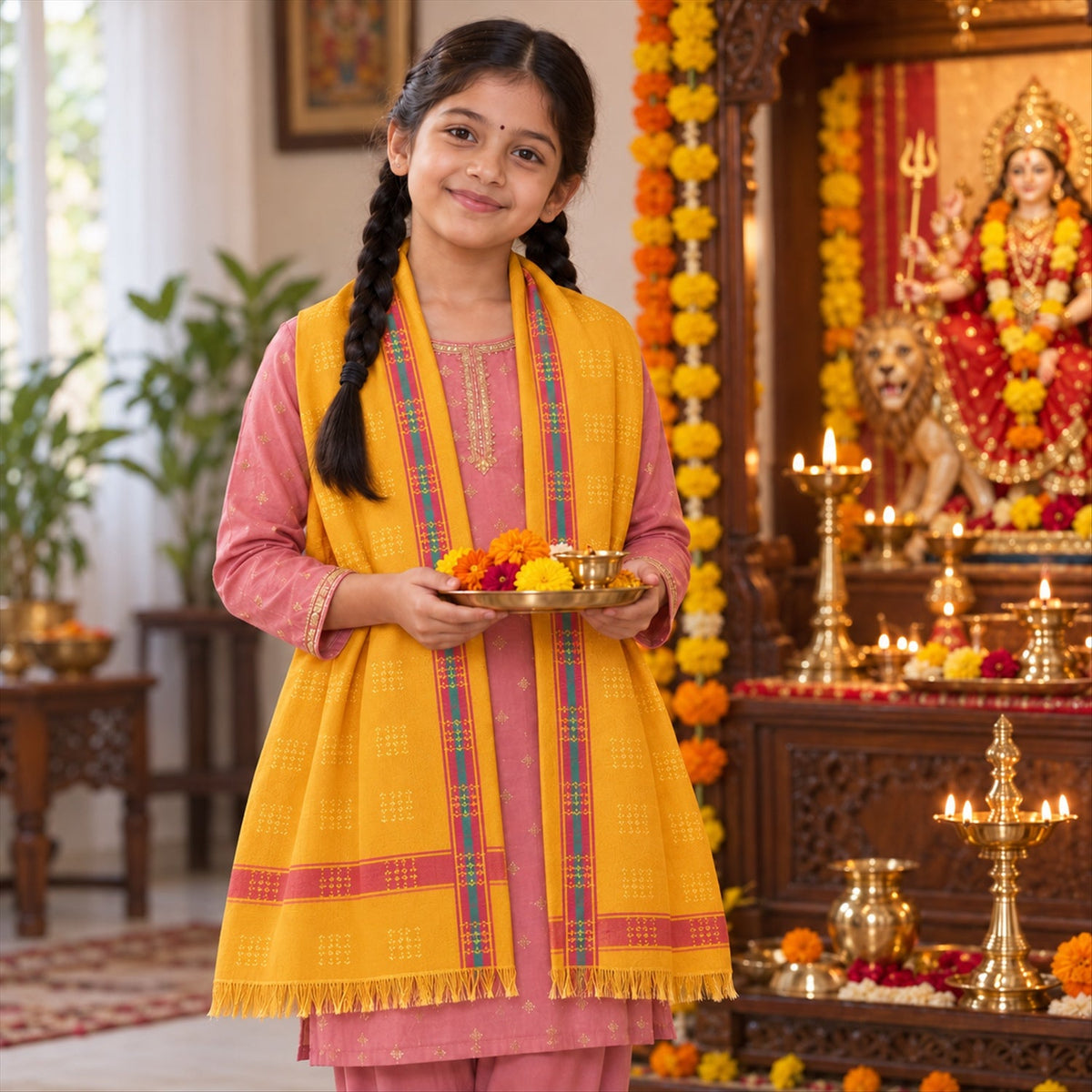 A young girl in a pink outfit wears a yellow dupatta with pink and teal striped borders, holding a tray of flowers and