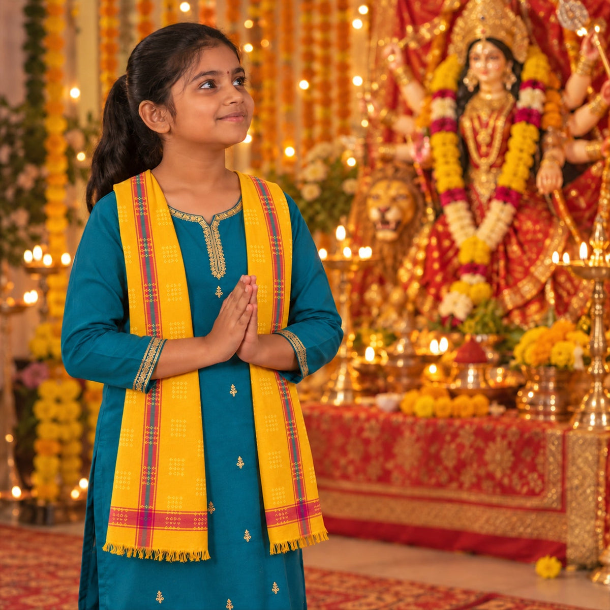A young girl in a teal outfit with a yellow dupatta stands with hands pressed together in prayer, looking up at a shrine.