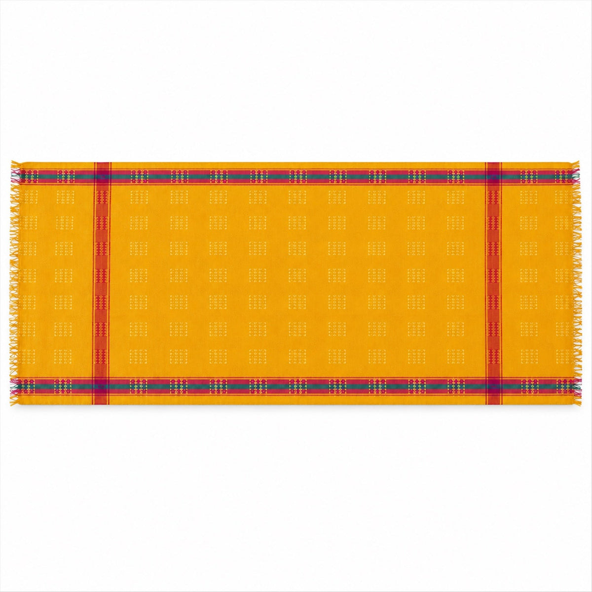 A yellow dupatta with subtle woven patterns and colorful striped borders is laid flat on a white background.