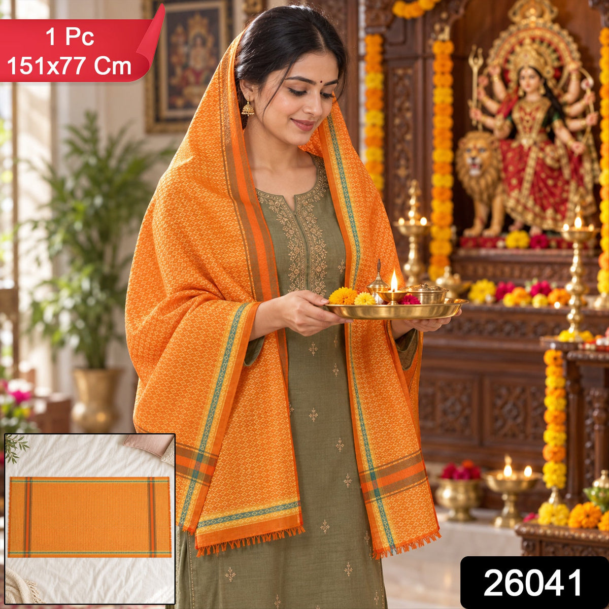 A woman in an orange shawl holds an offering tray; a small inset shows the shawl laid flat.