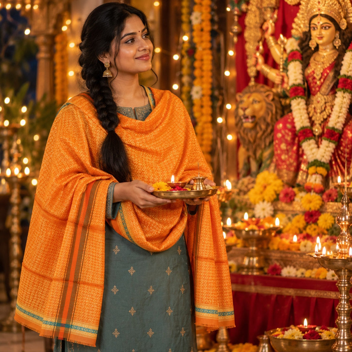 A woman in an orange shawl and green dress holds an offering plate, looking towards a deity statue.