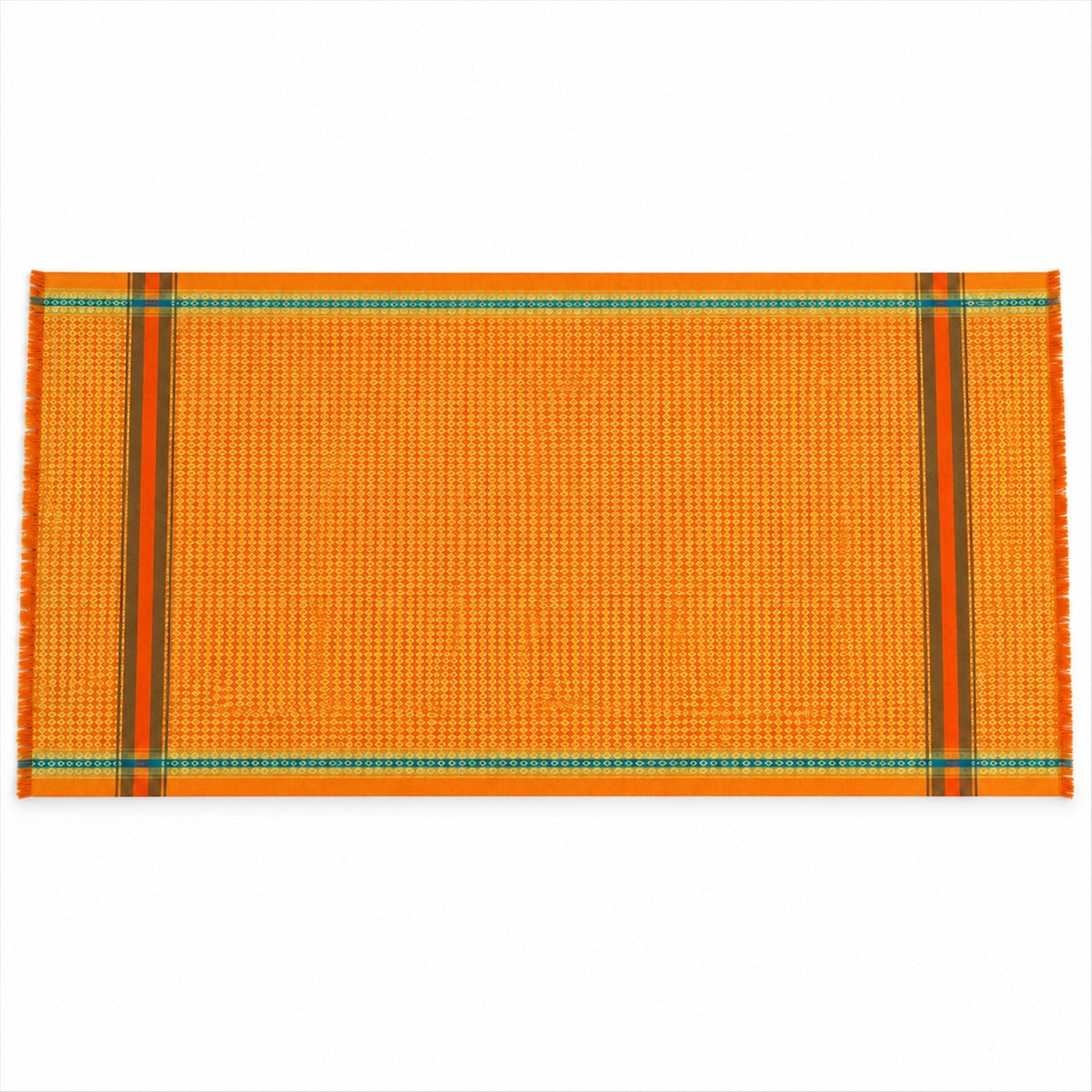 An orange shawl with a subtle diamond pattern and distinct striped borders lies flat on a white surface.