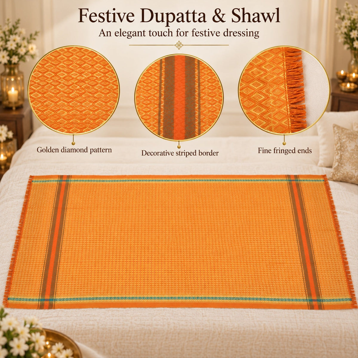 An orange shawl with diamond pattern, striped borders, and fringed ends is displayed on a white bed.