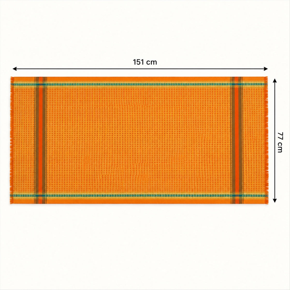 An orange shawl with striped edges is shown with its length and width dimensions indicated in centimeters.