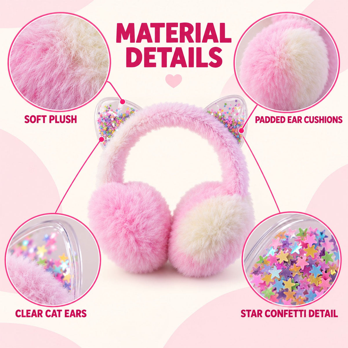 Material details for the pink and cream fluffy earmuffs, showcasing soft plush, padded ear cushions, clear cat ears, and
