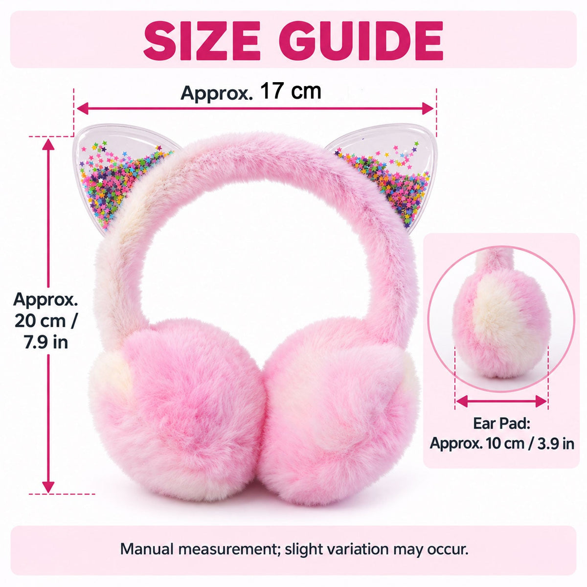A size guide for the pink and cream fluffy earmuffs, detailing approximate measurements for the headband and ear pads.