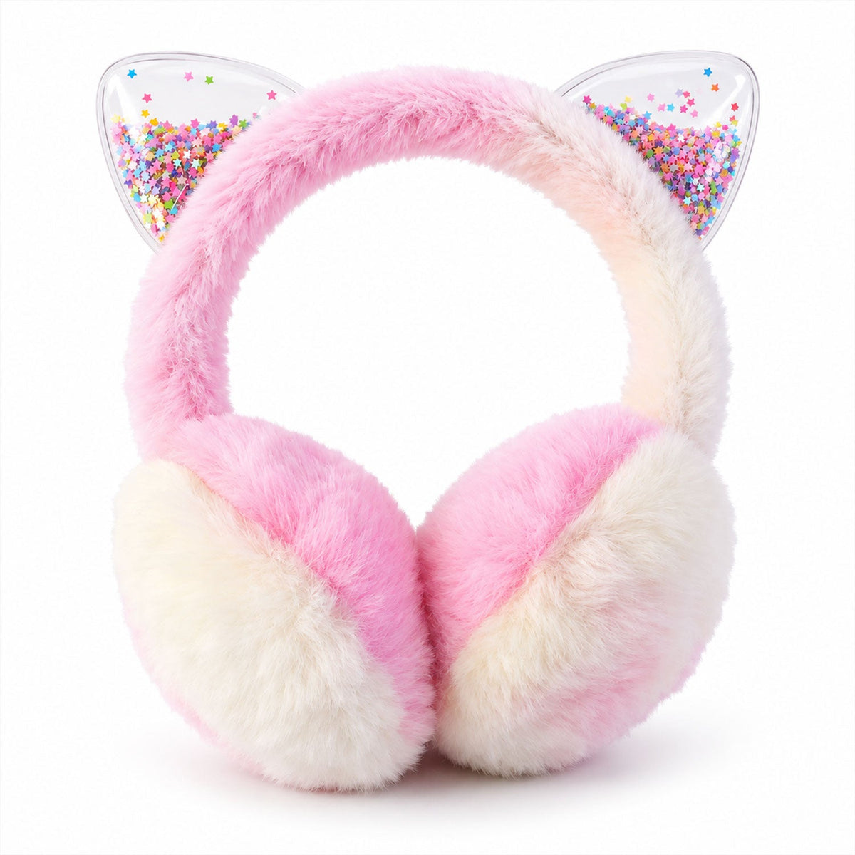 A pair of pink and cream fluffy earmuffs with clear, glitter-filled cat ears is shown on a white background.