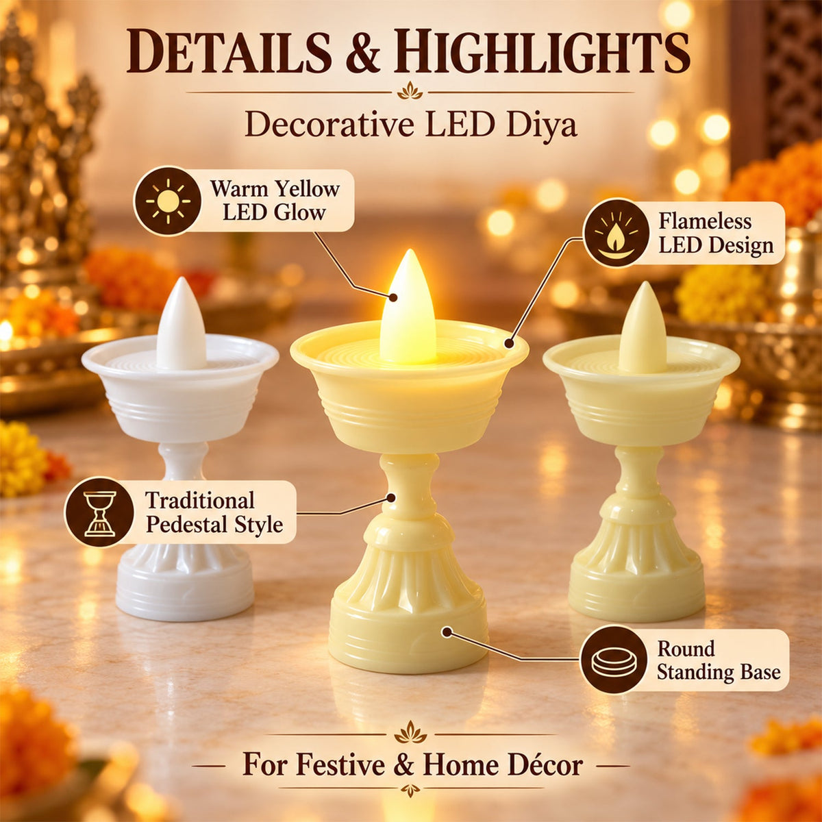 Close up of a single flameless LED diya illuminating a festive rangoli design