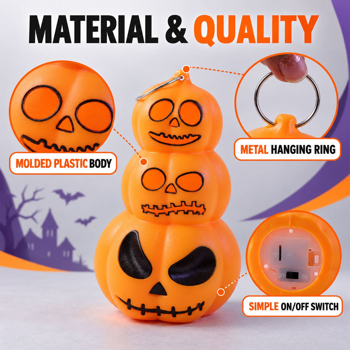Detailed view of Halloween 3 Layer Pumpkin LED Hanging Light with metal ring