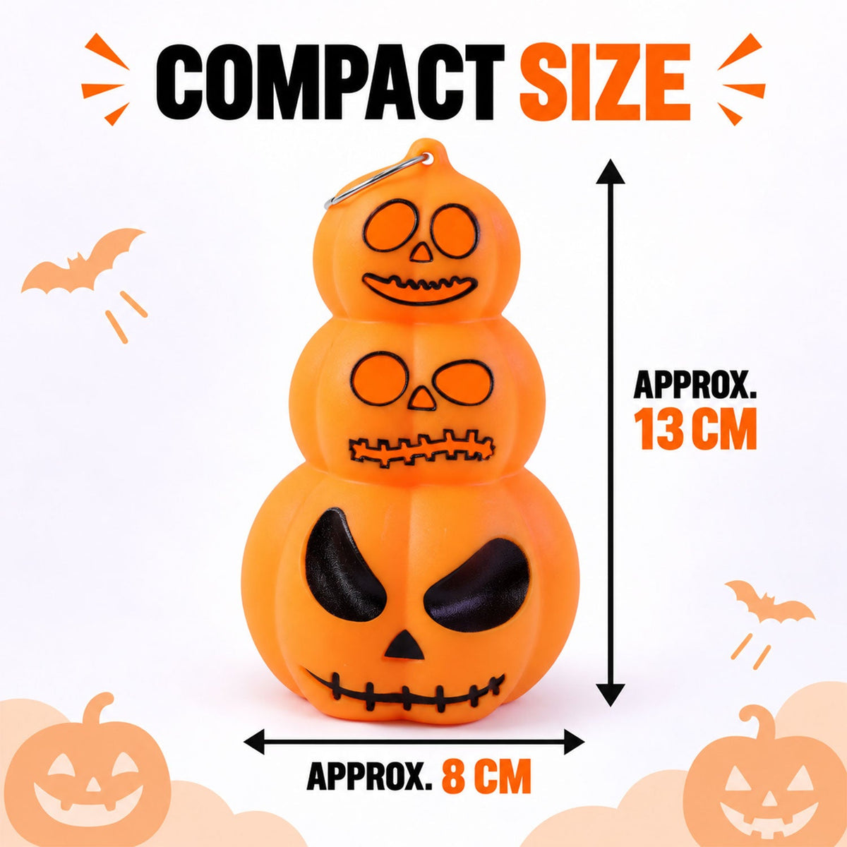 Diagram showing 13 cm height and 8 cm width of a pumpkin LED light
