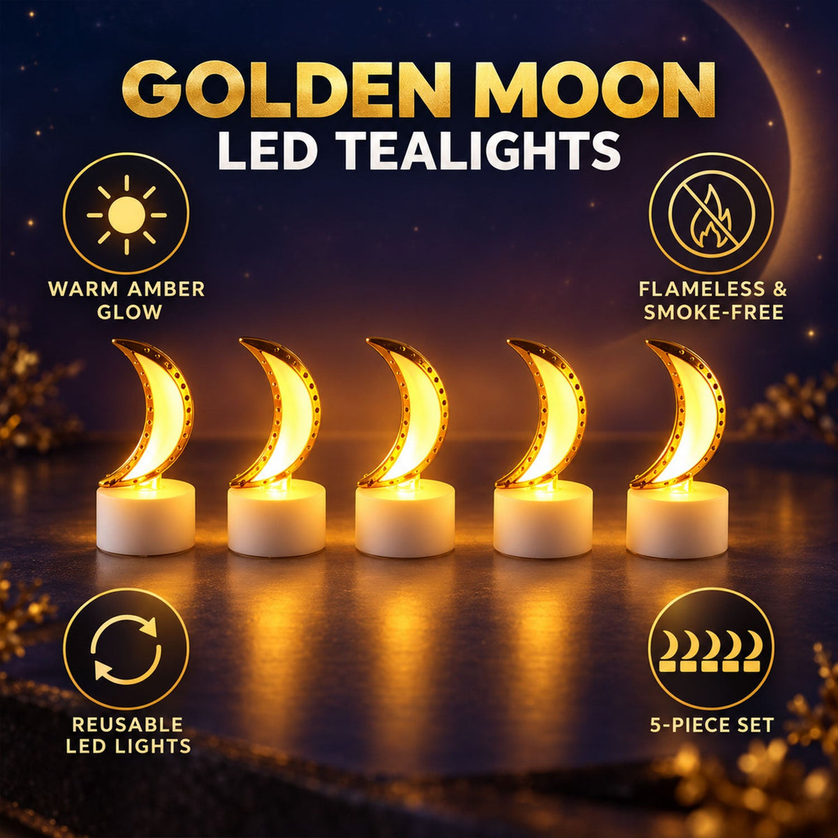 Five golden moon LED tealights with warm amber glow and flame-free features, displayed on a dark surface with illustrative