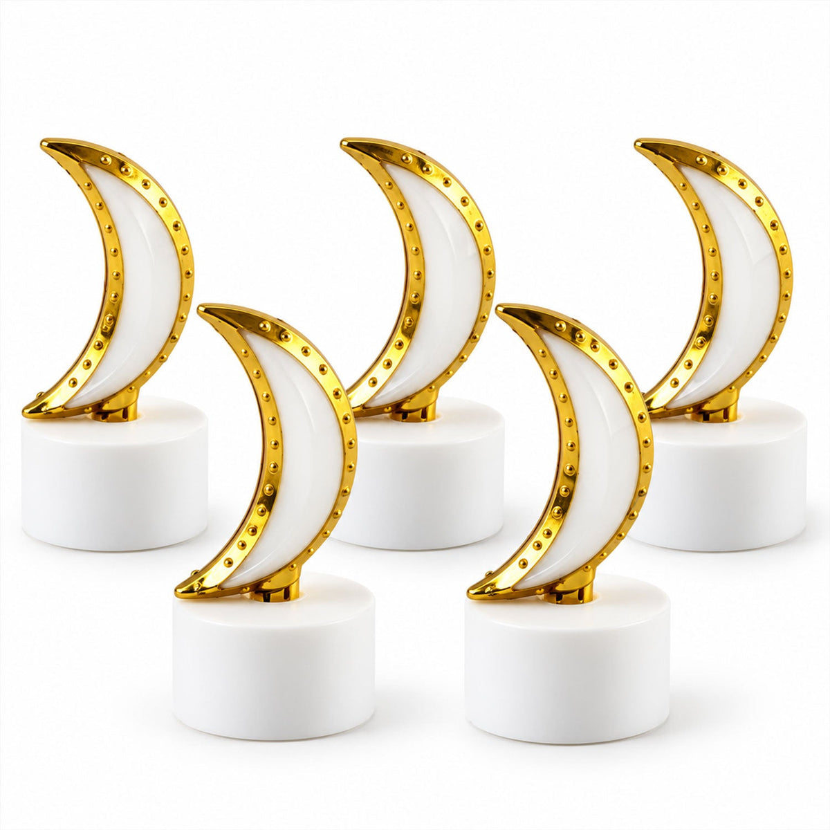 Five unlit moon-shaped LED tealights with white bases and golden crescent tops, arranged neatly on a clean white background.