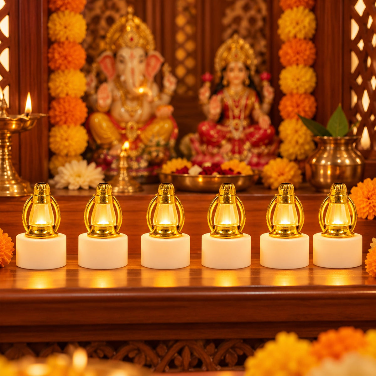 Six glowing mini lanterns with golden tops and white bases are displayed on a wooden altar in front of Hindu deities.