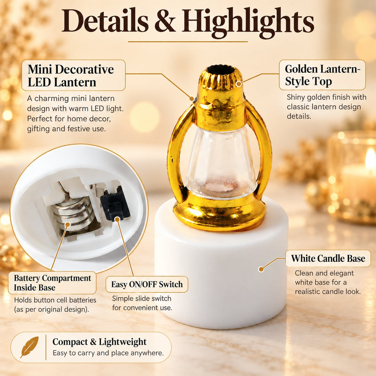 A detailed close-up of a miniature lantern with a golden top and white base, highlighting its battery compartment, switch,