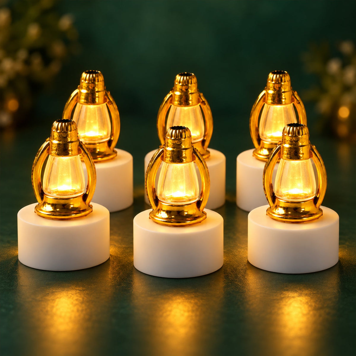 Six glowing miniature lanterns with golden tops and white bases are arranged on a dark green surface, casting a warm ambient