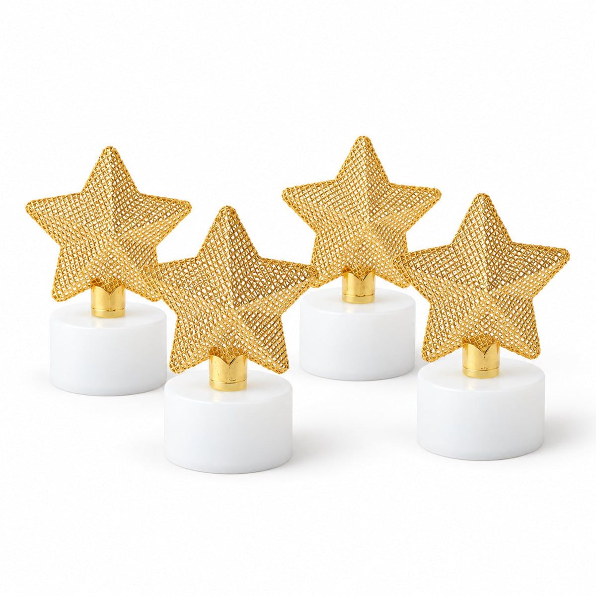 Four golden mesh star LED candles with white bases are arranged neatly on a clean white background.