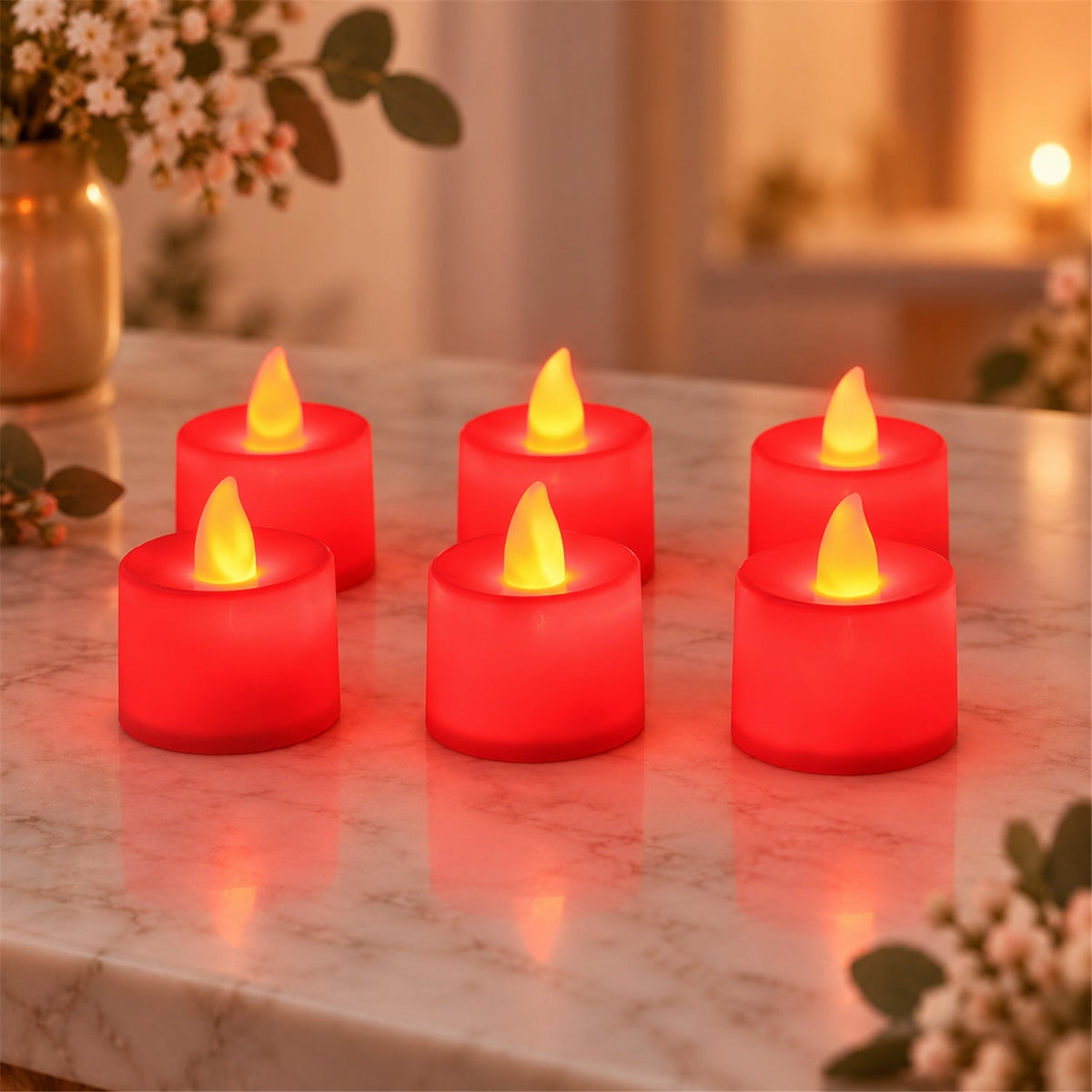 Six red flameless LED tealight candles with yellow glow arranged on a marble surface with flowers.
