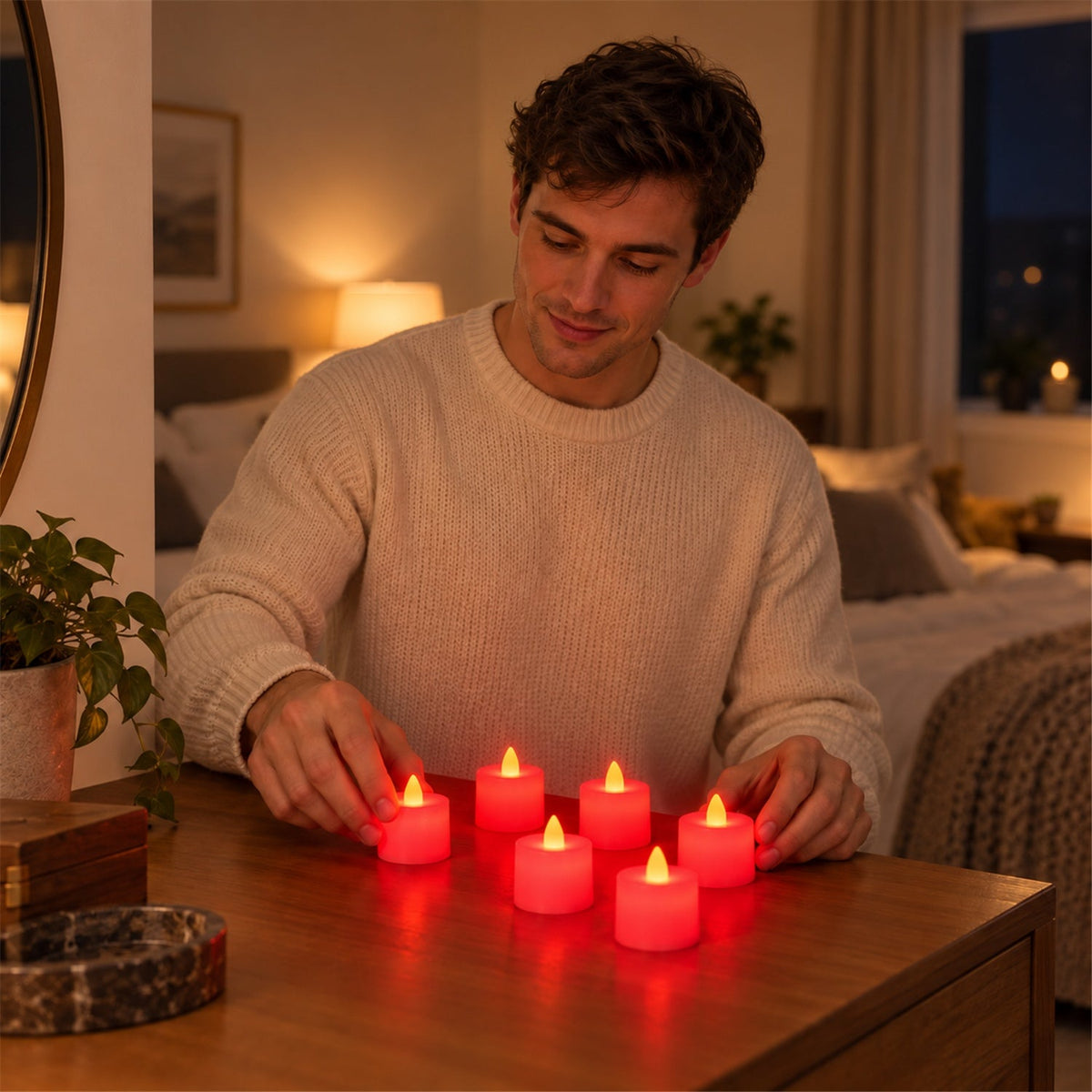 A man in a cream sweater arranges red flameless LED tealight candles glowing on a wooden dresser in a dim room.