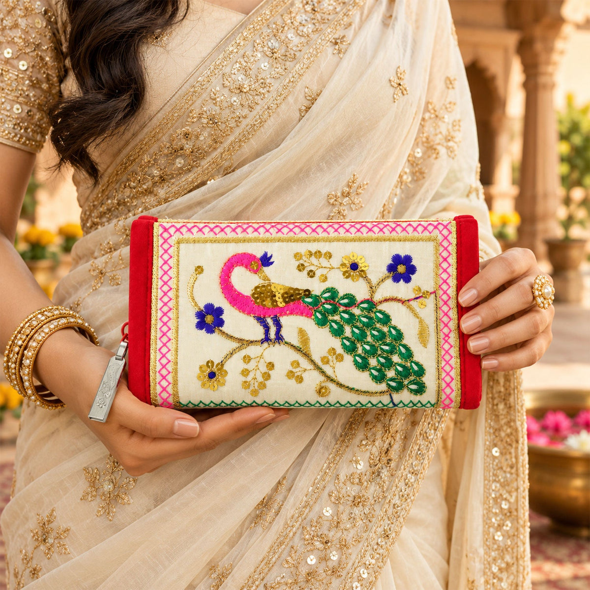 Traditional peacock embroidered clutch wallet zip