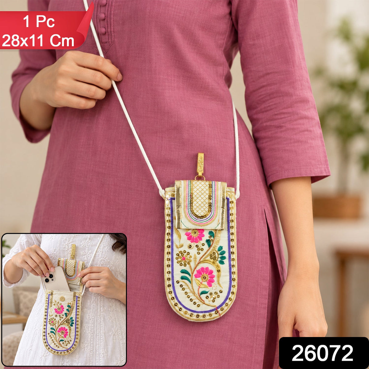 Traditional floral embroidered mobile sling pouch - 1 Pc and 28x11 Cm size
