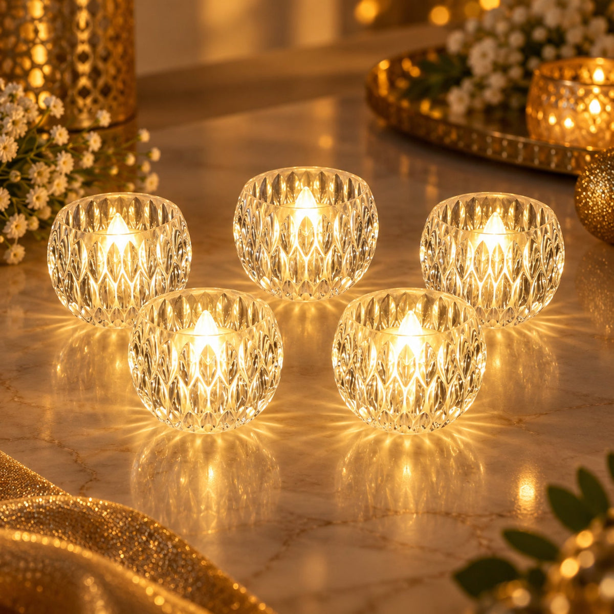 Five crystal LED tealights shine brightly on a reflective surface amidst subtle decorative elements.