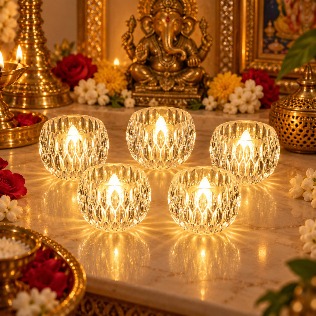 Five crystal LED tealights glow on a marble surface with a Ganesha idol and traditional decor.
