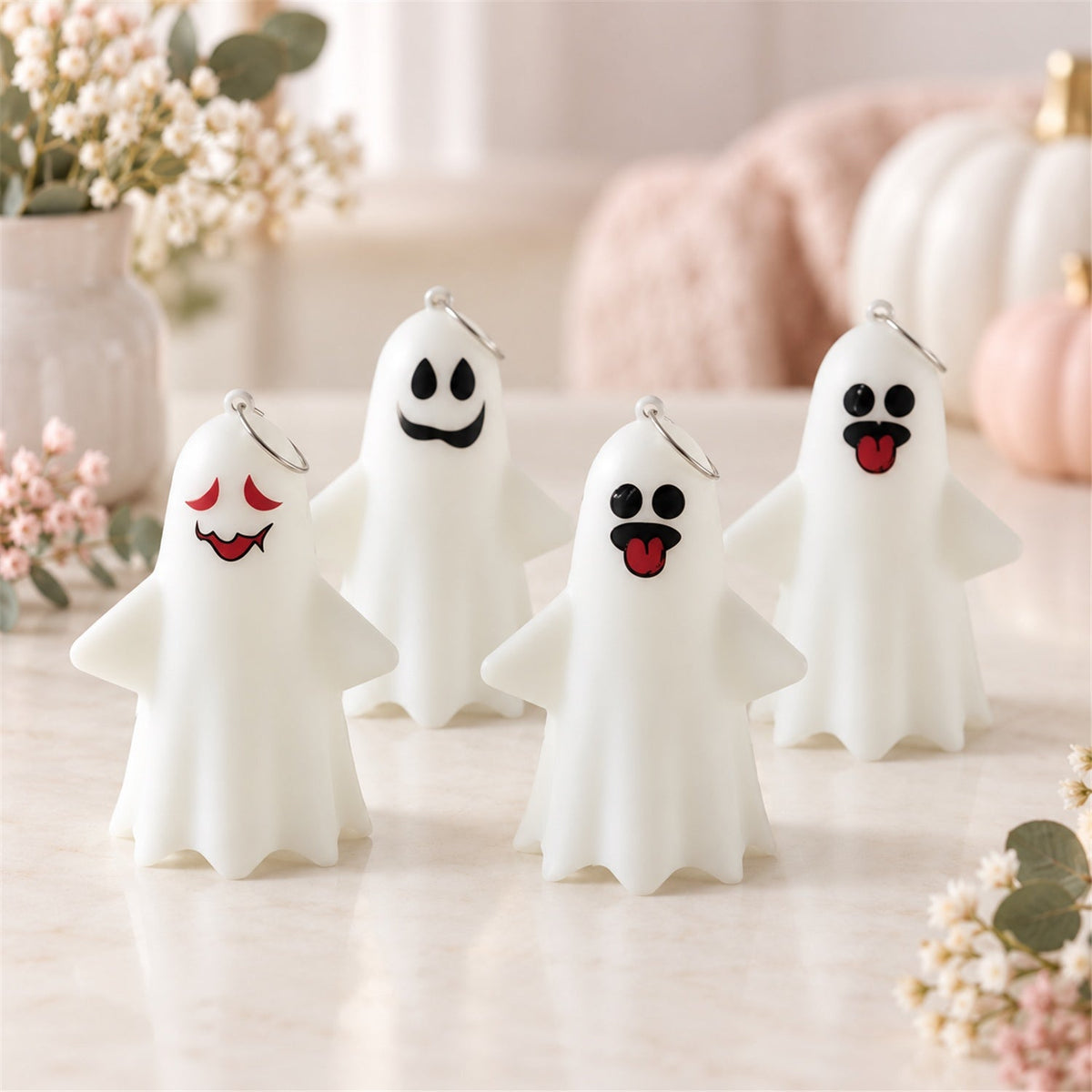 Four white ghost figures with distinct playful faces and hanging rings stand on a light-colored surface.