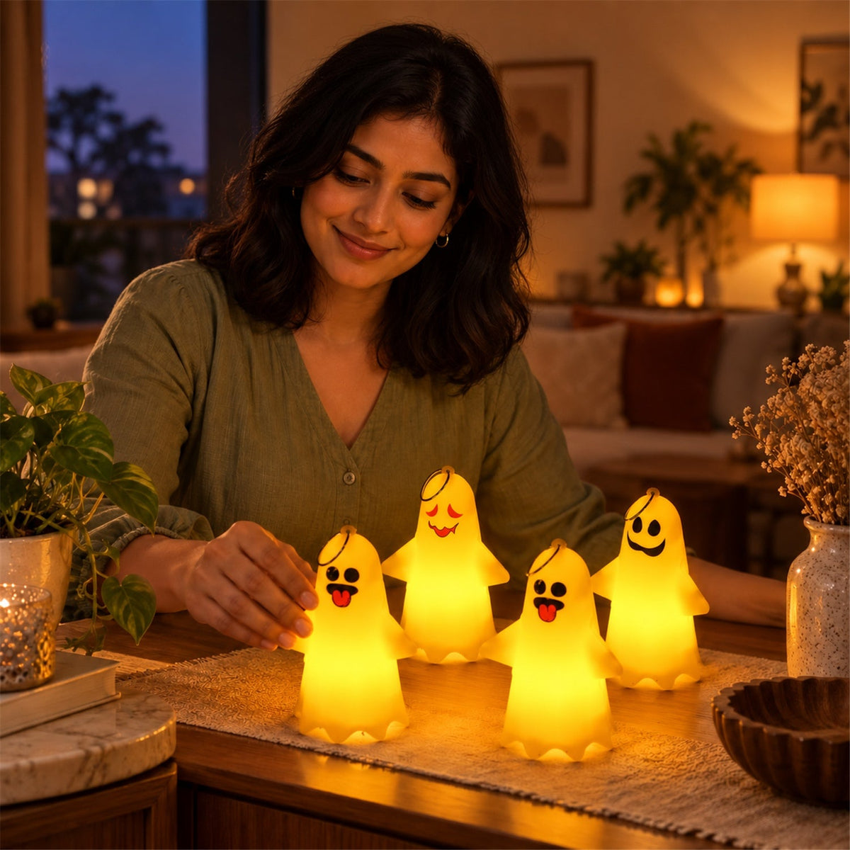 A smiling woman sits behind four glowing ghost lights with unique faces, arranged on a table.